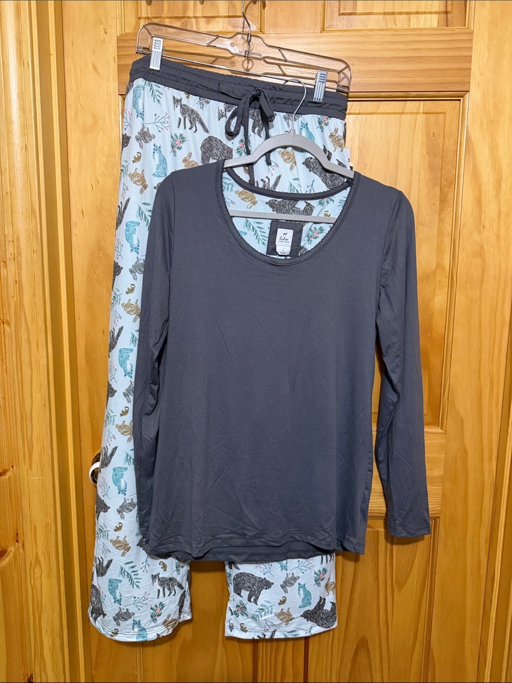 Echo Cozy Gray Long Sleeve Top with Woodland Animal Print Pajama Pants, Size Med